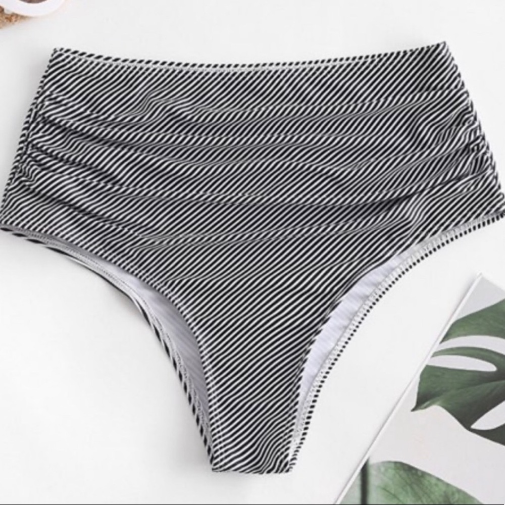 Striped High Waisted & High Cut Bottoms w/ Ruching